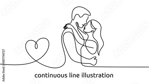  continuous line illustration of romantic couple hugging with heart shape, minimalist love concept drawing on white background for valentine’s day, wedding, romance and relationships