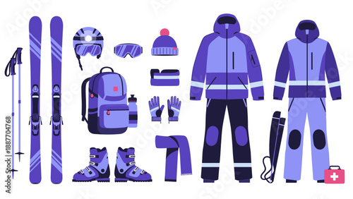 Essential winter gear for skiing: clothing, equipment, and accessories in flat design