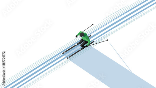 Isometric cross country skier gliding on snowy trail in green jacket and black ski gear