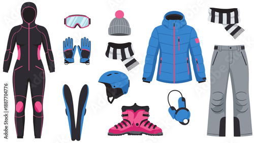 Winter sports gear collection with ski suit, jacket, and accessories in flat design