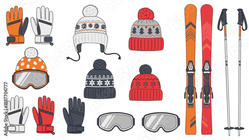 Winter sports gear collection featuring colorful ski and snowboard equipment