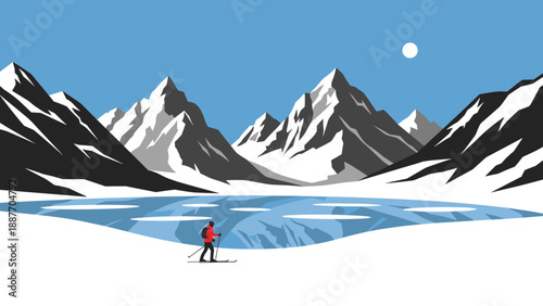 Scenic winter adventure: skier in snowy mountain landscape with clear blue sky