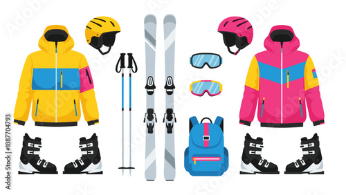 Colorful winter sports gear set with jackets, skis, helmets, and accessories on white background