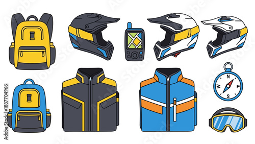 Adventure gear icons set featuring helmets, backpacks, jackets, and navigation tools in bold colors