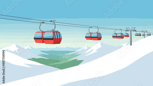 Scenic mountain gondola ride in winter landscape with clear blue sky