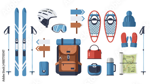 Winter adventure gear collection: ski, snowshoe, and outdoor essentials