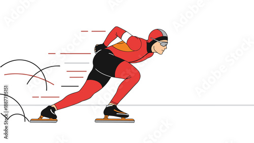 Speed skater in red racing on ice rink in dynamic minimalist style