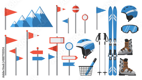Winter ski essentials and flags collection in flat design style