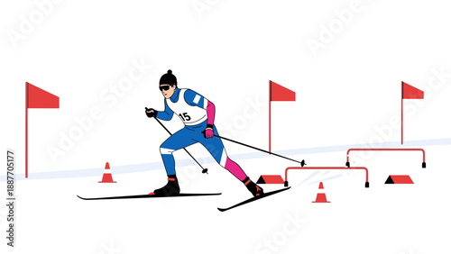 Cross country skier navigating obstacle course with red flags