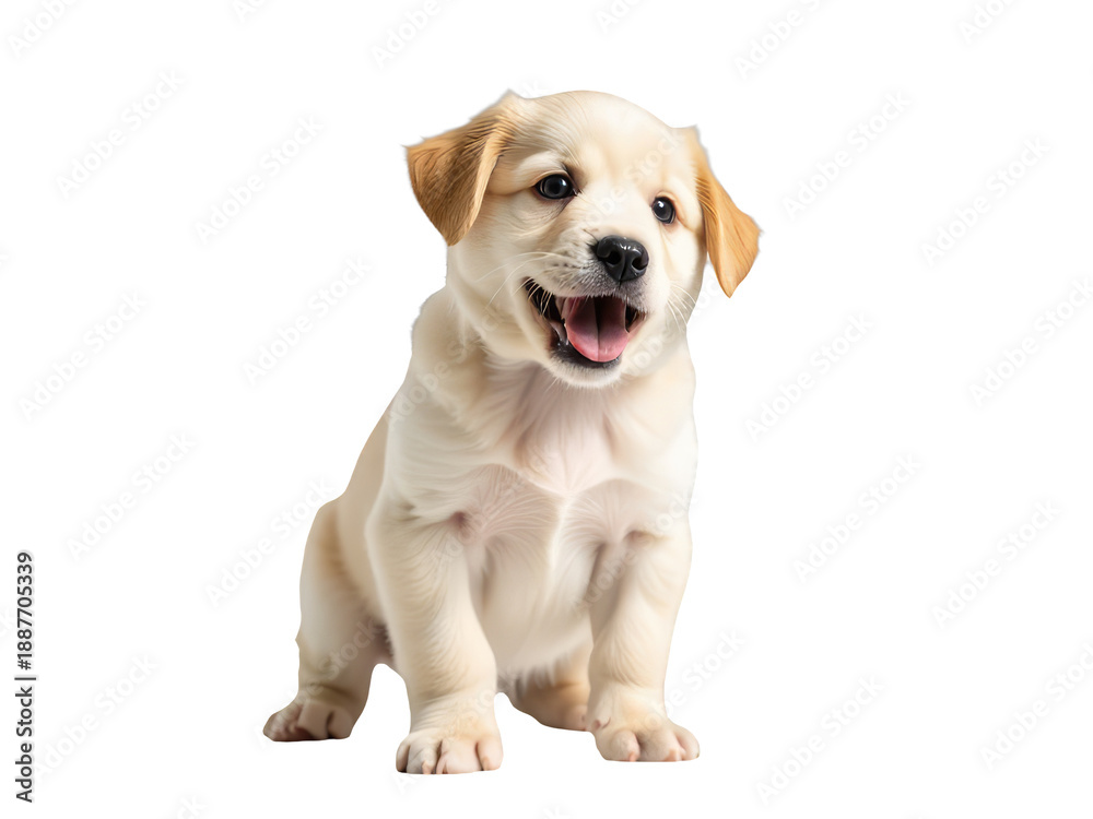 Obraz premium A curious puppy sits on a white surface with its mouth open, capturing its playful nature