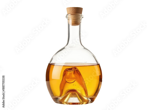 A transparent glass bottle filled with a mysterious liquid