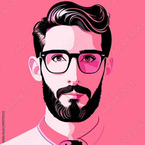 A happy cartoon man with a mustache and beard features a cute smile and sharp vampire teeth in this vector art character illustration for a baber shop