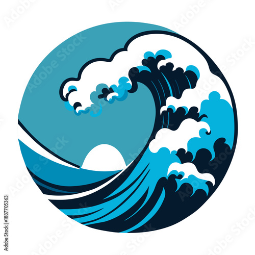 A vibrant vector illustration depicting abstract blue sea waves featuring a summer sun and decorative clouds above a natural scene.