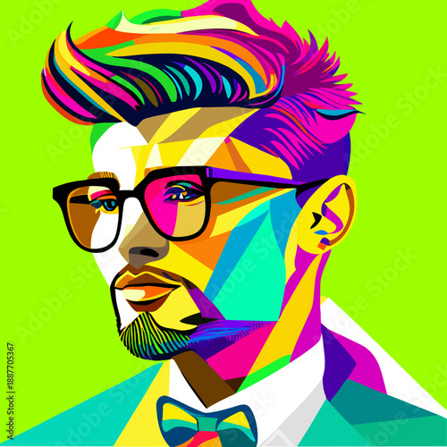 A funcartoon illustration of a smiling man with colorful hair and glasses featuring a modern character design and artistic vector face