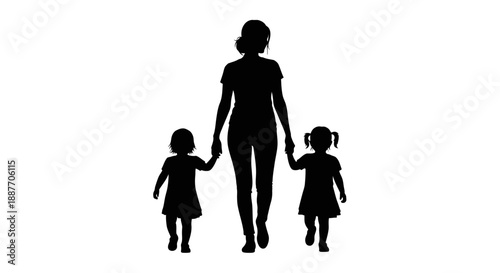 Mother and two daughters walking together silhouette.