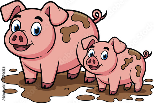 Cute cartoon pig and piglet standing in mud, farm animal illustration with happy expressions, colorful children character design isolated on white background