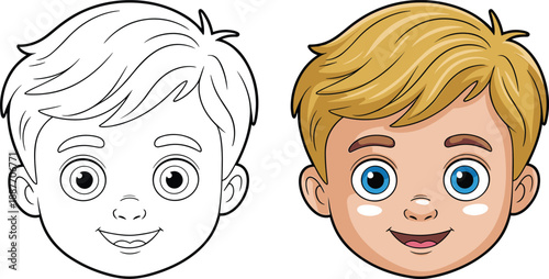 Cute boy face illustration showing black and white outline and colored version, cartoon child avatar comparison for education, design, coloring book, and character creation concepts