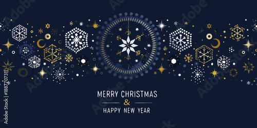 Festive winter pattern with snowflakes and golden sparkles for holiday greetings