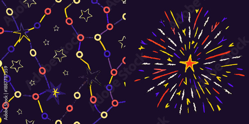 Colorful fireworks and starbursts illuminate a dark whimsical night sky