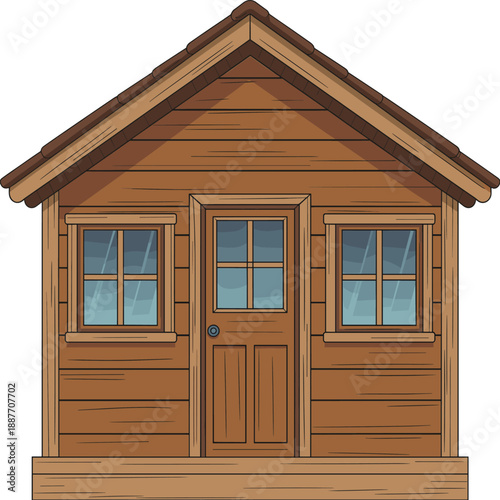 Wooden cabin house illustration with front view, rustic countryside cottage exterior, cozy home architecture design, simple flat vector isolated on white background