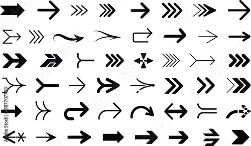 Arrow icon collection featuring diverse directional navigation symbols, pointers, and motion indicators for user interface design, web graphics, and vector illustrations