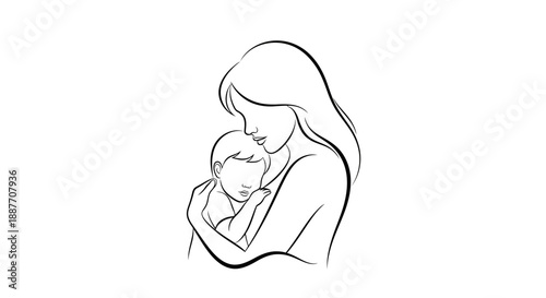 Mother holding her baby in a loving embrace line art illustration.
