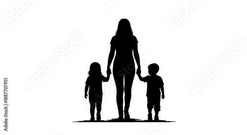 Mother and two children silhouette holding hands.