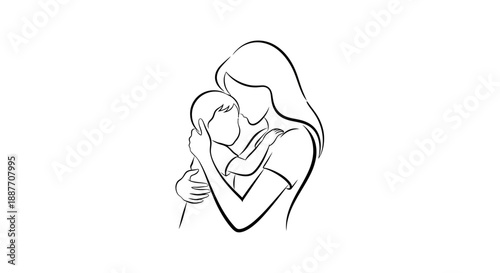 Mother holding baby line art drawing.