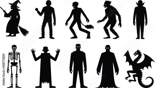 Halloween monster silhouette collection featuring witch zombie werewolf vampire skeleton ghost and dragon characters for spooky horror design and decoration projects