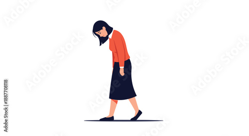 Sad young woman walking with slumped shoulders and a downward gaze represents themes of depression loneliness or mental fatigue.