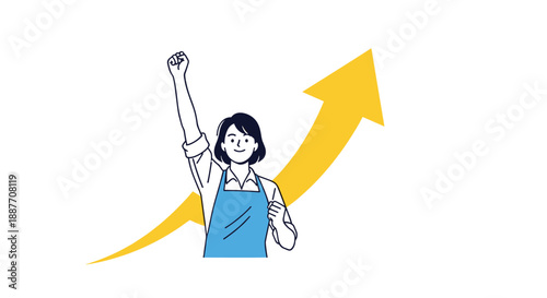 Confident businesswoman wearing an apron raises her arm in triumph as a large upward yellow arrow signifies growth and success.