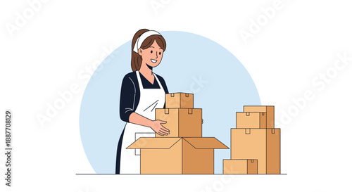 Young woman wearing a dark shirt and white apron happily organizes several cardboard boxes in a storage room or warehouse.