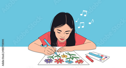 Young girl hums a tune while using colorful markers to draw beautiful flowers on a piece of white paper in a creative activity.