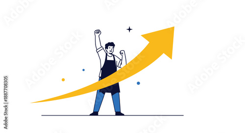 Confident businessman in an apron raises his fists in victory as a large upward yellow arrow indicates growth and success.