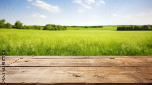 An empty wooden table was placed on the green grassy field.