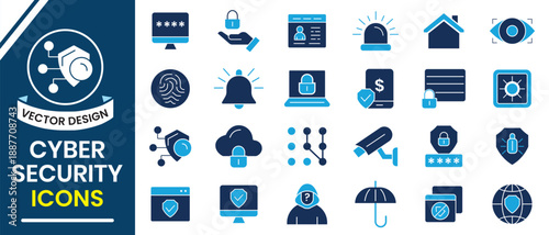 Cyber security icon set. Security, safety, insurance, sensor, protection, locked, privacy, lock, encryption, fingerprint, spy, password, cybersecurity, and more. Vector illustration.