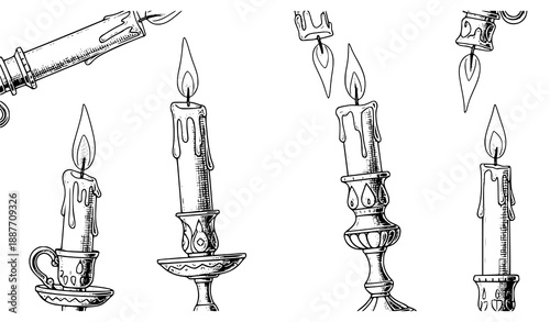 Minimalist Hanukkah candle engraving vector set for holiday posters and banners