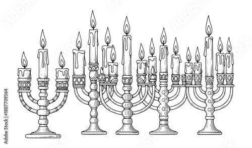 Engraved Hanukkah candle vector illustration set for festive design and cards