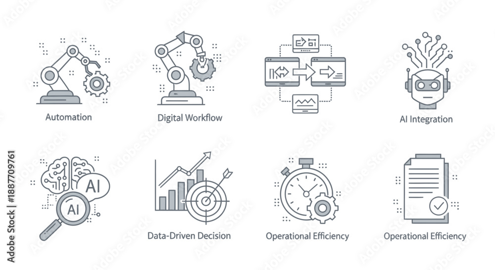 Fototapeta premium Artificial Intelligence and Automation Icons: AI, Workflow, Robotics, Data, Efficiency
