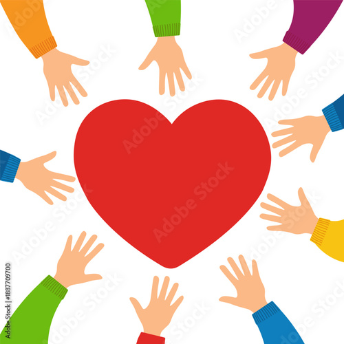 Many diverse hands reaching toward red heart from all directions. Community unity and inclusion concept for charity organization, volunteer program, social support, humanitarian project illustration