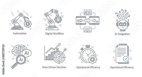 Artificial Intelligence and Automation Icons: AI, Workflow, Robotics, Data, Efficiency