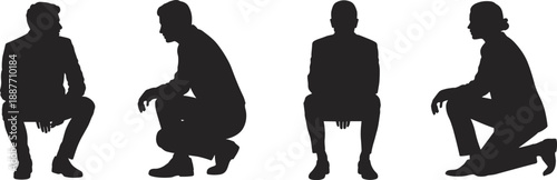 People crouching and sitting silhouette set isolated on white background, thinking posture, decision making, contemplation, stress, emotional body language concept