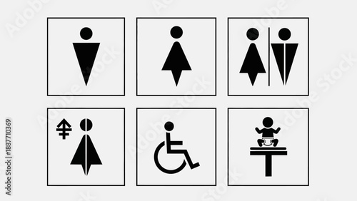 Collection of restroom signs for men women disabled and baby changing stations.