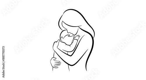 Mother holding her baby in a simple line art drawing.