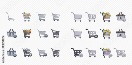 Shopping cart and basket icons set with add, remove, and full options for e-commerce websites and applications.