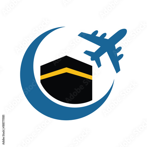 Hajj pilgrimage travel concept with airplane and kaaba symbol icon