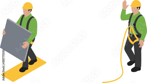 Isometric construction workers illustration with safety harness and building materials, industrial labor concept, engineering teamwork, flat design style