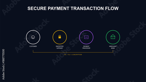Secure Payment Gateway Transaction Flow Diagram with Encryption Steps in dark mode