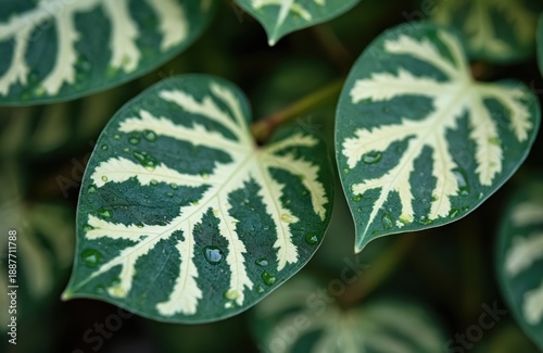 Green leaves with white stripes and water drops have intricate patterns. Closeup view of a variegated plant with fresh dew. Natural foliage detail.