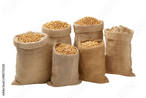 A bag of soybeans is shown in front of other bags of soybeans
